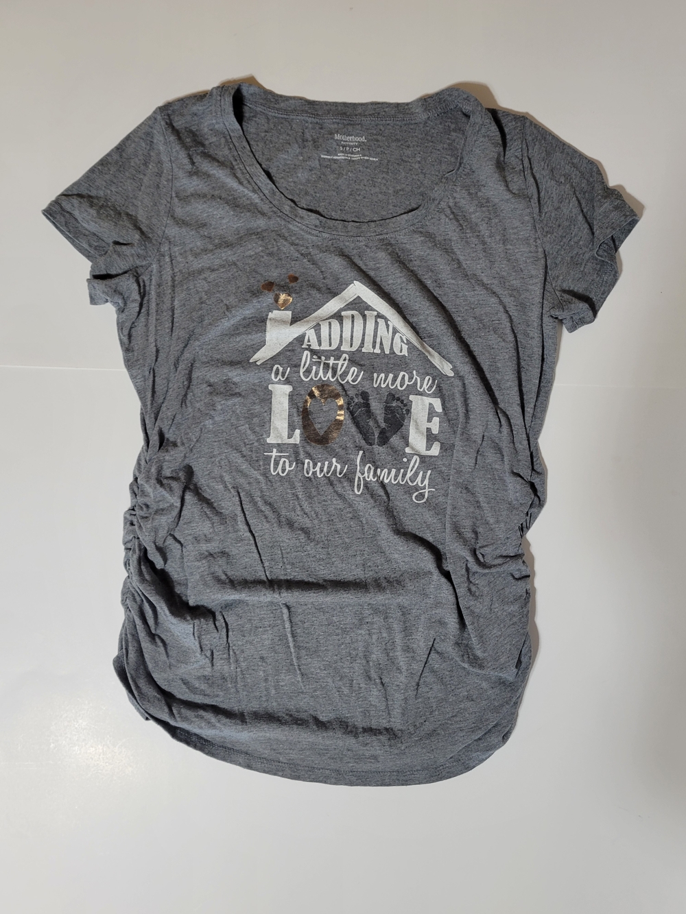 Motherhood Maternity Gray "Adding a Little More Love to Our Family" Graphic Tee